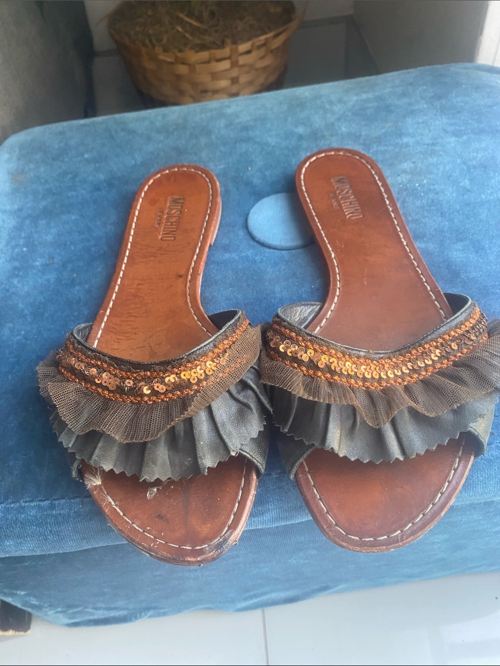 Sequin-Ruffle Brown Slide Mules all leather